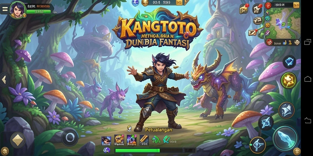 Screenshot KANGTOTO menunjukkan karakter menjelajahi dunia fantasi.