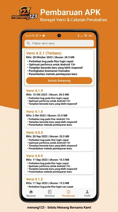 Tampilan riwayat versi menang123